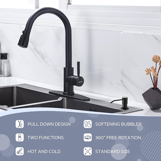WEWE Black Kitchen Faucet with Soap Dispenser, Kitchen Sink Faucet with Pull Down Sprayer 3 Modes Stainless Steel Single Handle Single Hole Pull Out Matte Black Faucet for Bar Laundry RV Utility Sink