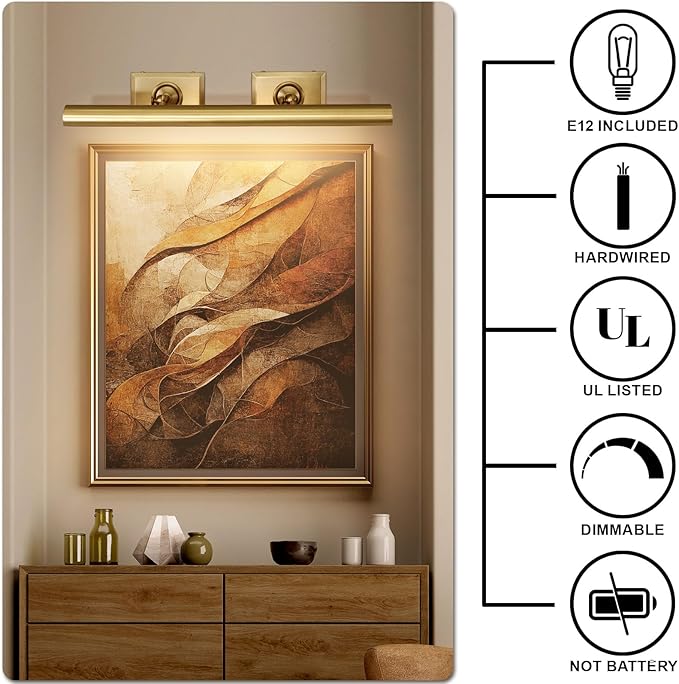 Picture Light, 24in Hardwired Picture Lights for Wall, Dimmable Wall Sconces Poster Light, Brass 4 Lighting for Paintings Frames Art Display Gallery Bedroom Living Room-Included Bulbs(Gold)