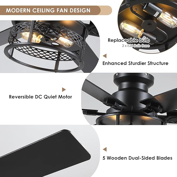 52inch Low Profile Ceiling Fan with Light and Remote,Farmhouse DIY Caged Flush Mount Ceiling Fan with Reversible DC Motor Dual Finish 6 Blades,6 Speed Black Fandelier for Patio,Bedroom,Livingroom