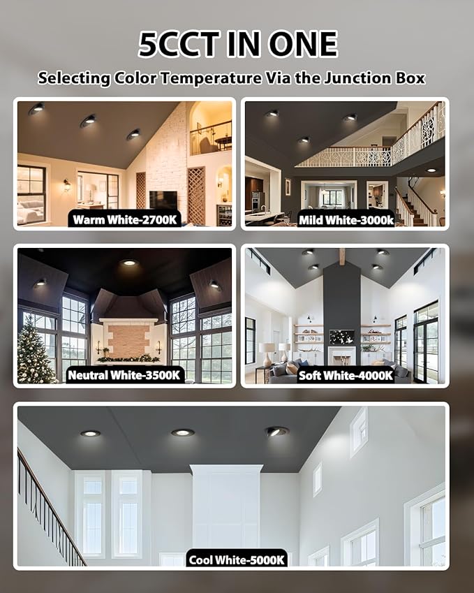 Adetu Recessed Lighting 6 inch, 360°+90° Adjustable Directional 6 inch 5CCT Gimbal Black Led Recessed Lighting, 2700K-5000K Dimmable Retrofit Eyeball Can Recessed Lights with Jbox, ET（Black-12 Pack）