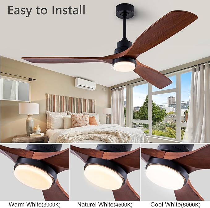 56" Wood Ceiling Fan with Light and Remote Control, Indoor Outdoor Wooden 3 Blades Ceiling Fan for Patio Living Room, Bedroom, Office,Reversible DC Motor(Black+Dark Walnut)