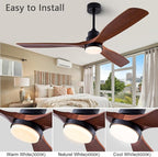 56" Wood Ceiling Fan with Light and Remote Control, Indoor Outdoor Wooden 3 Blades Ceiling Fan for Patio Living Room, Bedroom, Office,Reversible DC Motor(Black+Dark Walnut)