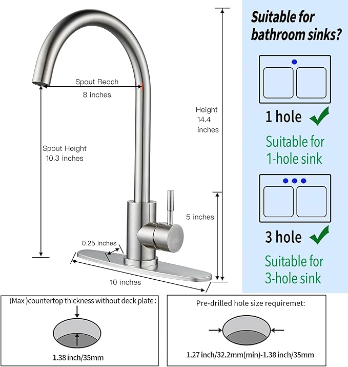 Single Handle High Arc Brushed Nickel Kitchen Faucet Stainless Steel Commercial Single Hole Kitchen Sink Faucet, Modern One Hole Bar Sink Faucet with Deck Plate