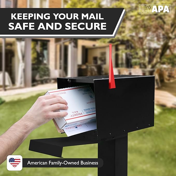 Ilyapa Large Mailbox Post Mount, Corrosion Resistant Powder Coated Black Mailbox, Modern Steel Design Mailboxes for Outside with Recessed Magnetic Close Door