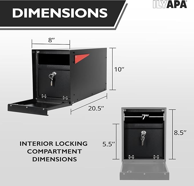 Ilyapa Locking Mailbox with Lock and Key Modern Mailboxes for Outside Post Mount - Black Exterior Powder Coated Steel Heavy Duty Welded Mailbox
