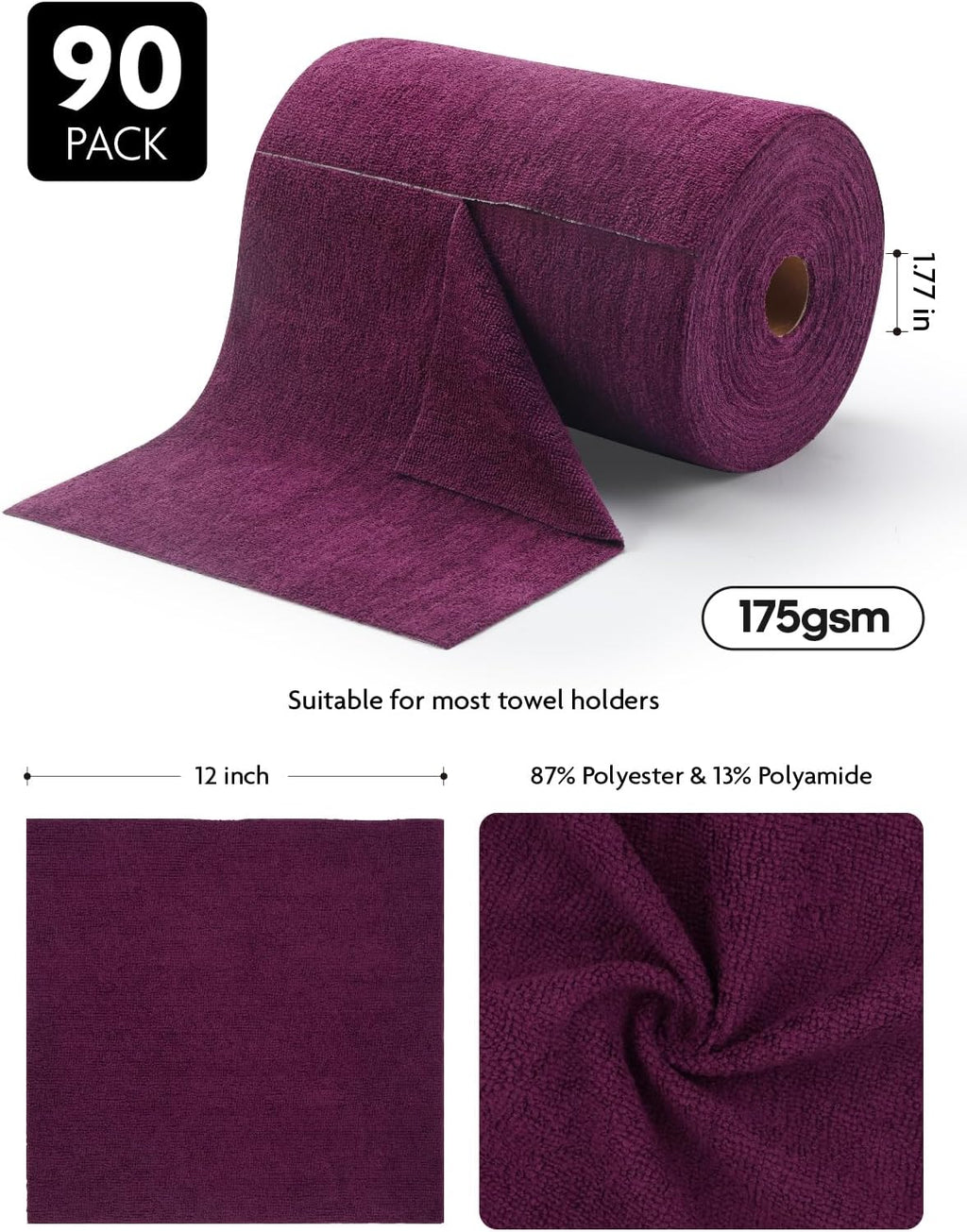Fantasticlean Microfiber Cleaning Cloth Roll -90 Pack, Tear Away Microfiber Towels, 12" x 12", Reusable, Washable, Scratch Free, Ultra Absorbent for Car, Home Supplies, Shop (Deep Purple)