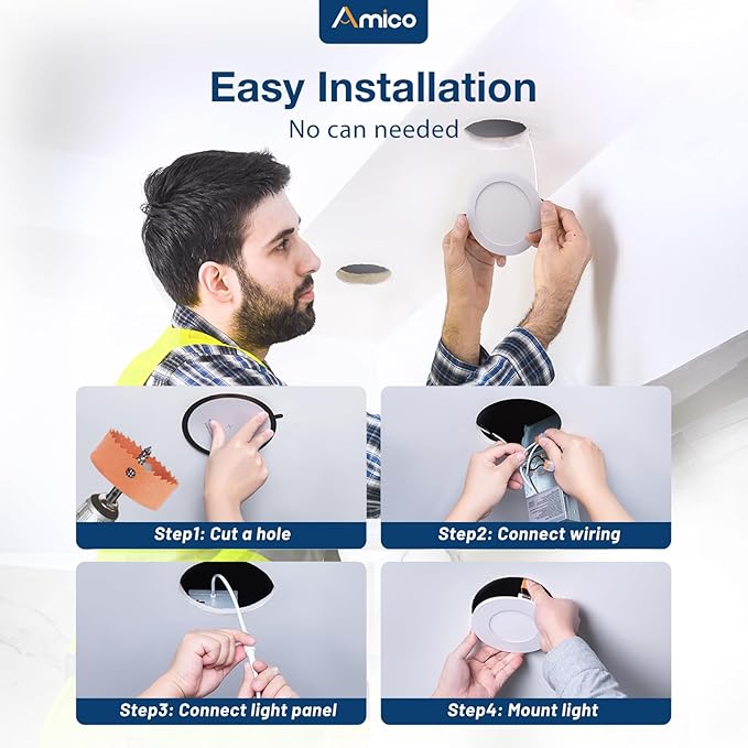 Amico 12 Pack 4 Inch 5CCT Ultra-Thin LED Recessed Dimmable Can/Ceiling Light with Junction Box, 2700K/3000K/3500K/4000K/5000K Selectable, 11W Eqv 70W, 800LM High Brightness Wafer Downlight - ETL&FCC