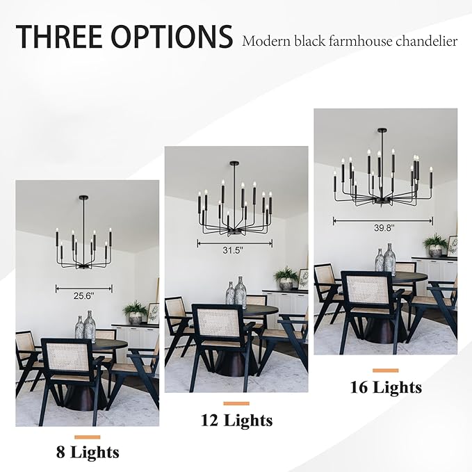 Qamra Farmhouse Black Chandelier for Dining Room, 16-Light Modern Candle Chandelier Light Fixture, Rustic Industrial Hanging Chandeliers Lighting for Living Room, Kitchen, Staircase, Entryway