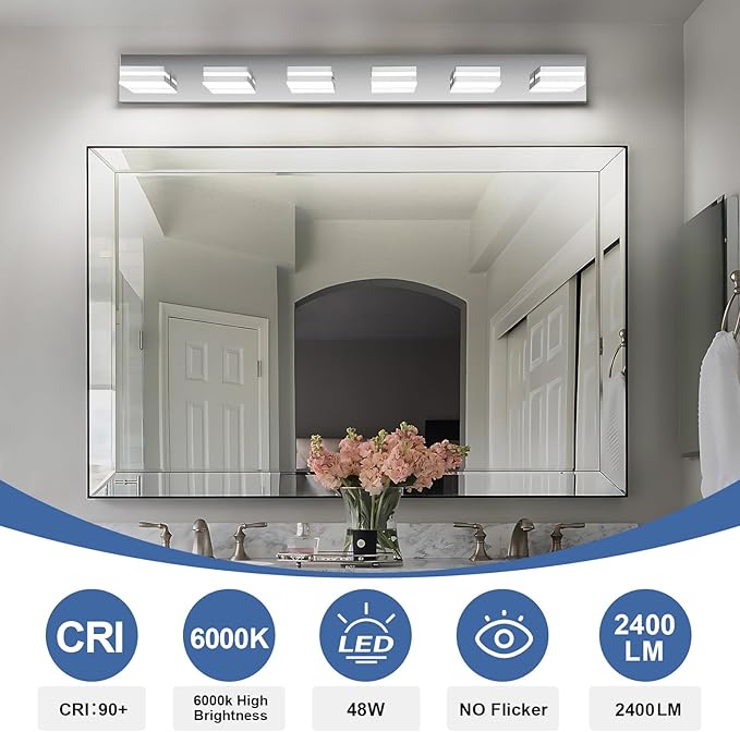 Modern LED Bathroom Lights Fixtures(6-Light),Metal Chrome Acrylic Wall Lighting,Vanity Lights for Bathroom Over Mirror(6000k 41In