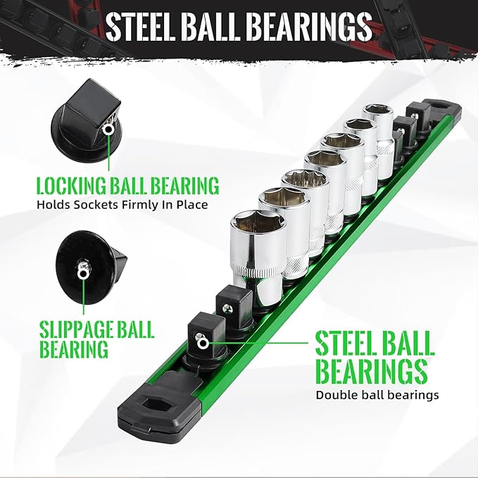 Magnetic Socket Organizer, 6-Piece Heavty Duty Aluminum Socket Holder, Socket Rail for Tool Box, Premium Quality 360° Swivel Socket Rack with 80 Clips for 1/2, 3/8, 1/4-Inch(Blue&Green)