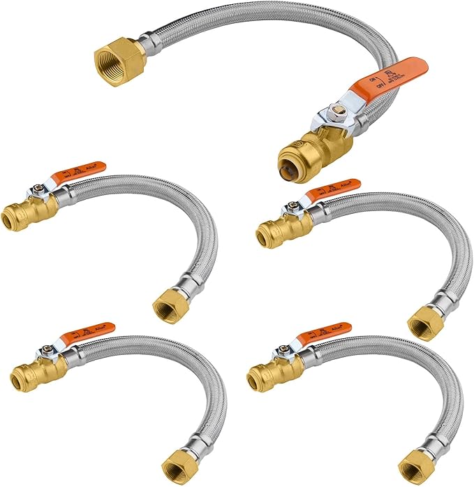 5-Pack HeSun 24-Inch Push-Fit Ball Valve Water Heater Connector, Push-to-Connect 1/2" x 3/4" FIP, Stainless Steel Flexible Heater Hose(HOSE029-5)