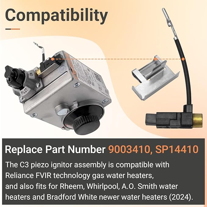 Water Heater Igniter, 9003410 C3 Piezo Ignitor Assembly Replacement Part Compatible with Reliance Water Heater