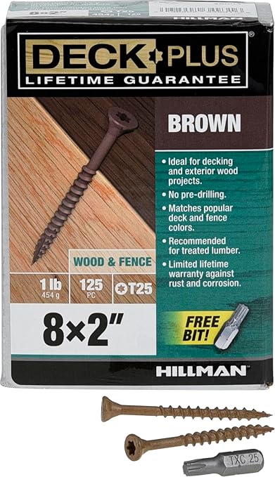 Deck Plus 2 Inch Epoxy Coated Exterior Wood and Fence Screws #8 x 2 Torx/Star Drive Included Coarse Thread, Outdoor Rust Resistant Decking Screw, Brown, 1lb Box, 125 Pieces | 49004