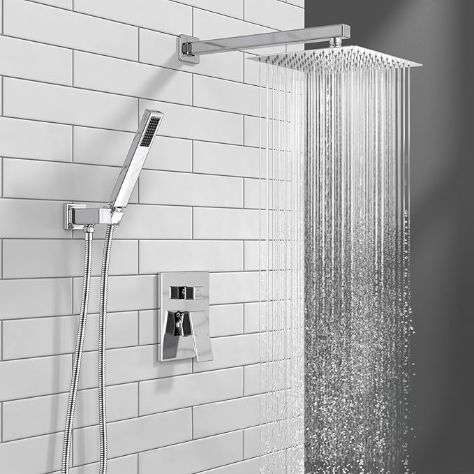 Lava Odoro Modern 2-Setting Square Shower System with Rain Shower Head and Handheld Spray Chrome, Rainfall Shower Faucet Set Chrome, Shower Valve and Trim Kit, Polished Chrome SF103-C