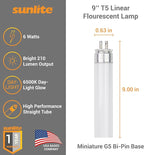 Sunlite 9-Inch F6T5/DL T5 Linear Fluorescent Lamp, 6 Watts, 210 Lumens, 6500K Daylight, Miniature G5 Bi-Pin Base, ROHS Compliant, High Performance Straight Tube, 10 Pack