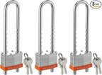 Locks with Keys, WULALACK 2 inch Wide Laminated Steel Keyed Padlock with Adjustable Shackle, Long Padlocks with Same Key,3 Pack