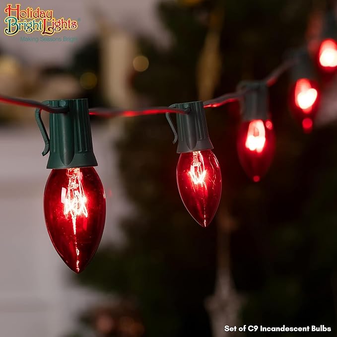 Holiday Bright Lights C9 Transparent Red Replacement Bulbs 25-Pack, Incandescent Faceted String Light Bulbs with E17 Base for Outdoor and Holiday Décor
