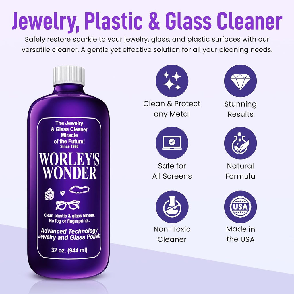 Worley's Wonder Jewelry & Glass Cleaner (32 Ounce Refill Bottle) - Jewelry Cleaner Spray for Gold, Silver, Diamonds, Gemstones, Glass, Marble, Electronics (Pack of 1)