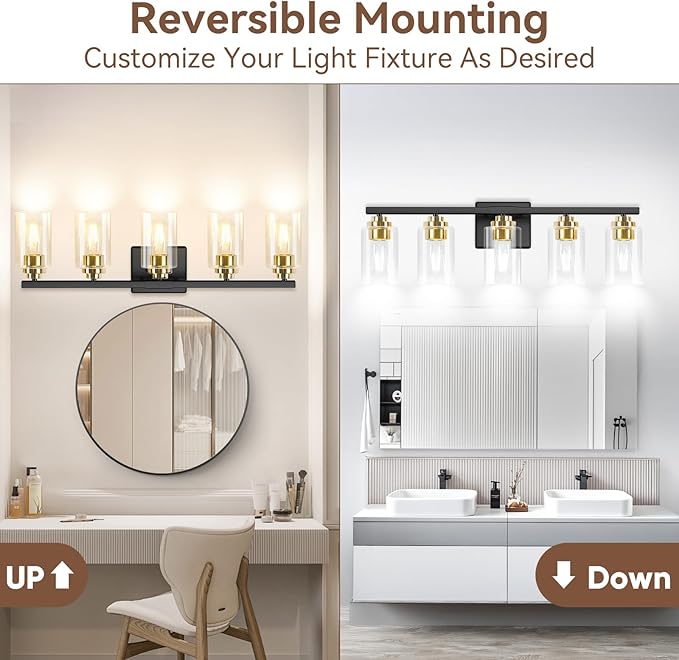 5-Light Bathroom Light Fixtures, 31" Modern Vanity Lights Over Mirror with Clear Glass Shades, Black & Gold Light Fixture, Classic Wall Light Fixture for Mirror Living Room Cabinet Bedroom Porch