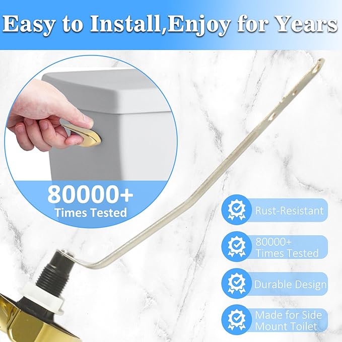 Toilet Handle Replacement Kit, Universal Side Mount Toilet Tank Flush Lever with Stainless Steel Flapper Chains Compatible with Kohler K-87115 Trip Lever, Polished/Shiny Gold