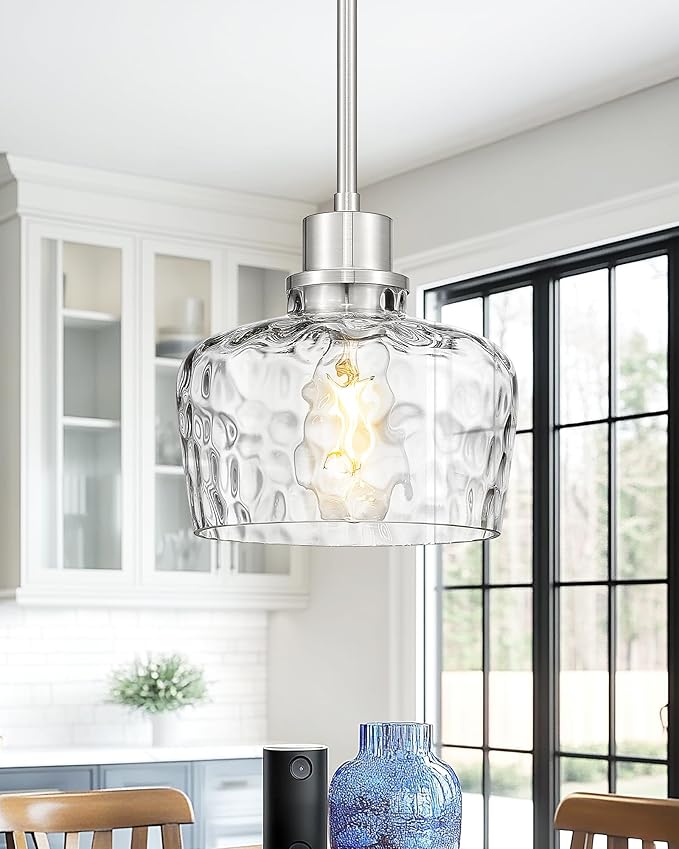 Emak Brushed Nickel Pendant Light Fixtures, 8 Inch Hammered Glass Pendant Lights Kitchen Island, Modern Hanging Light Fixture for Kitchen,Dining Room, Bathroom, PL122-BN-HG