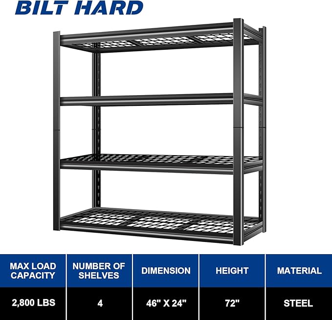 BILT HARD 46" W x 24" D x 72" H Heavy Duty Garage Shelving, 4-Tier Industrial Metal Shelving Units with Adjustable Shelf, Steel Utility Shelves for Warehouse, Garage