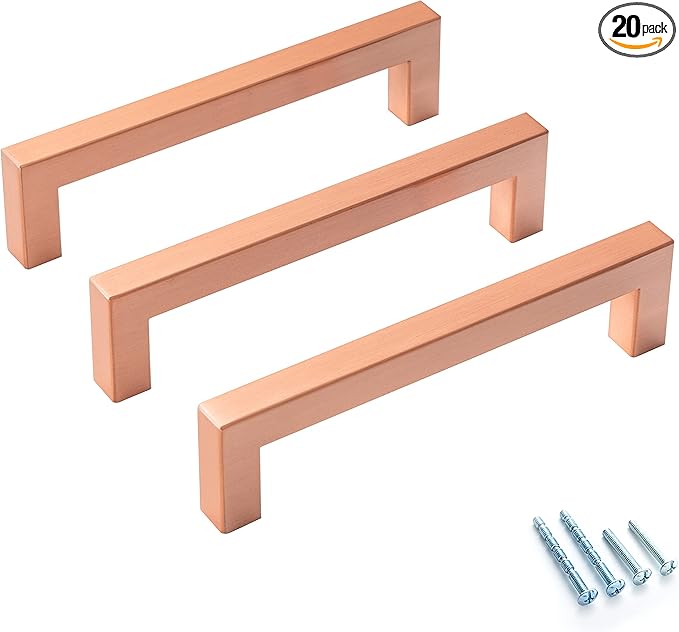 20 Pack Kitchen Cabinet Handles 5 Inch Rose Gold Square Cabinet Pulls Stainless Steel Drawer Handles Dresser Pulls Modern Cabinet Handles Hardware Hole Center 128mm