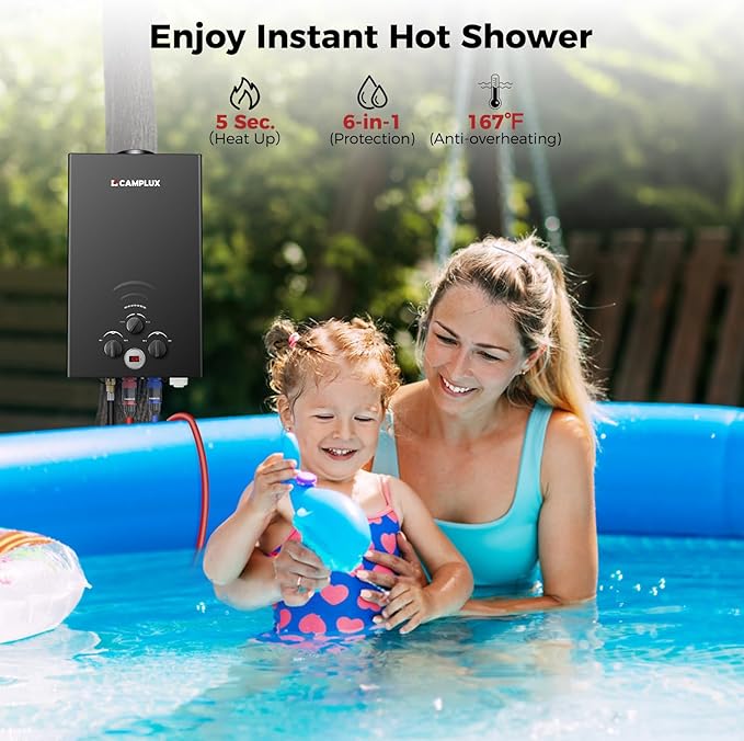 CAMPLUX Tankless Water Heater - 2.64GPM Portable Propane Heater for Off Grid, Camping, Outdoor Shower - 68,000 BTU - BW264B - Black
