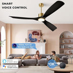 52" Smart Ceiling Fan with Lights,Black and Gold Outdoor Ceiling Fan,Work with Alexa/Gg/App/Remote,3-Color Light Dimmable 6-Speed Quiet Reversible for Patio Porch Bedroom