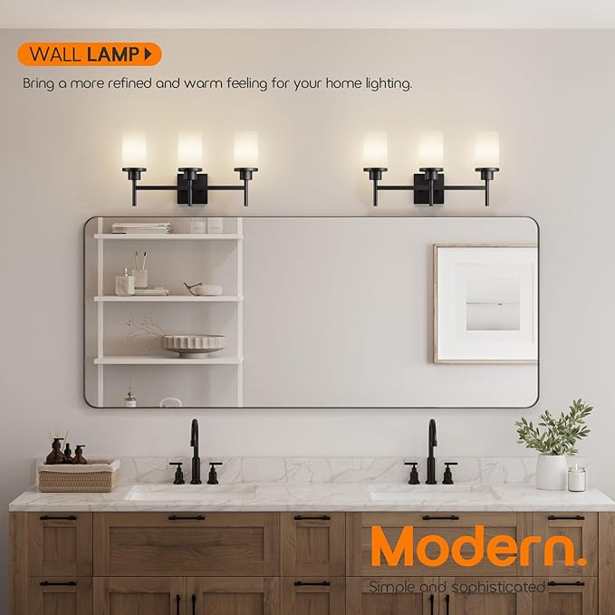 Bathrom Light Fixtures Matte Black 3 Lights Over Mirror, Wall Sconces Lighting with White Frosted Glass Shade for Toilet Washroom Bath T001MB-L3