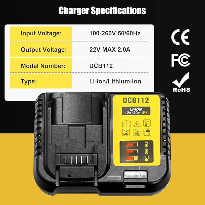 DCB112 20V MAX Battery Charger Replacement for Dewalt Battery Charger, Compatible with Dewalt 12V-20V Battery(Black)