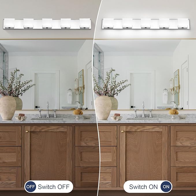 SineRise LED Modern Bathroom Vanity Light Fixtures (5-Light, 40-Inch, 6000K), Chrome Modern Acrylic Bathroom Wall Lighting Fixtures Over Mirror