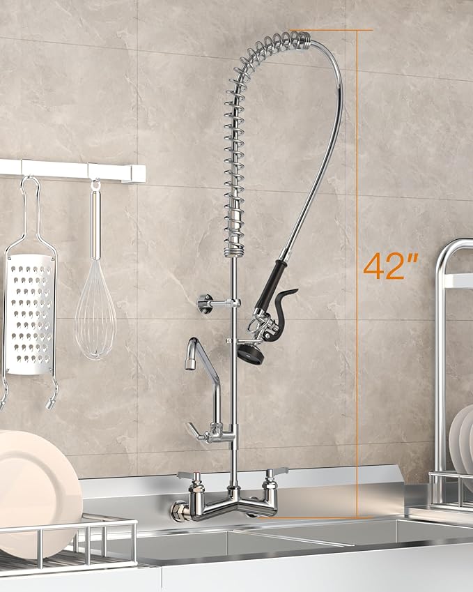 Commercial Sink Faucet Wall Mount with Pre Rinse Sprayer 8 inch Center Wall Mount Kitchen Sink Faucet 42" Height with 14" Add-on Swing Spout for 1/2/3 Compartment Sink