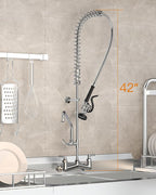 Commercial Sink Faucet Wall Mount with Pre Rinse Sprayer 8 inch Center Wall Mount Kitchen Sink Faucet 42" Height with 14" Add-on Swing Spout for 1/2/3 Compartment Sink