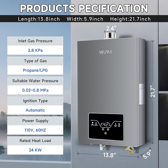 Propane Tankless Water Heater, 4.21GPM 16L Indoor,Instant Hot Propane Gas Water Heater with Fahrenheit Digital Display,Multi-Protection