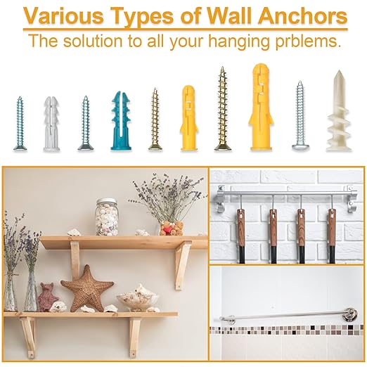 KURUI Drywall Anchors Assortment Kit for Sheetrock Concrete Brick, 350Pcs Wall Anchors and Flat Head Screws, 5 Sizes Picture Hanging Set for Bedroom/Office Wall Art Decor, House Warming Gifts New Home