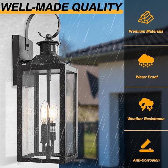 20" Black Motion Sensor Outdoor Light, Large Dusk to Dawn Outside Lighting Fixture, Exterior Farmhouse Wall Mount Porch Lantern, Waterproof Sconce Lamp for Outside Patio, 3 Modes/2-Light/1-Pack