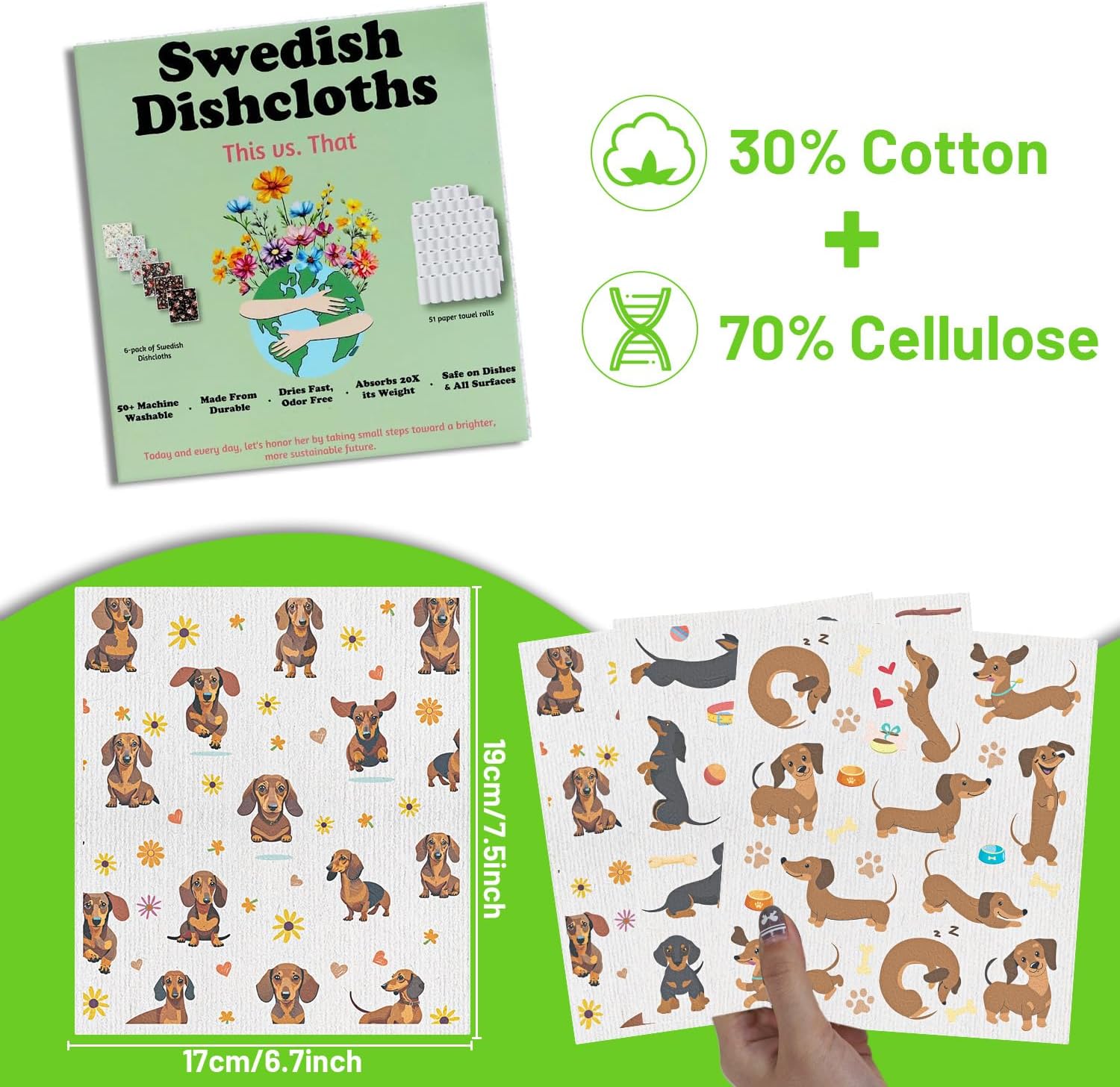 Dachshund Dog Gifts Swedish Dishcloths, 6 Pack Swedish Dish Cloths for Kitchen, Dog Absorbent Reusable Cellulose Sponge Cloths Kitchen Towels