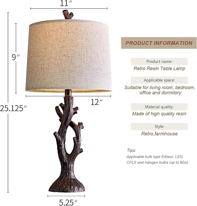 OYEARS 25" Farmhouse Table Lamp Set of 2 for Living Room Bedroom Resin Bedside Tree Lamp Nightstand End Table Lamps Vintage Natural Style