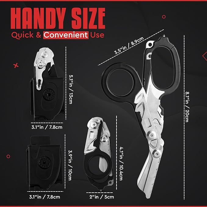 Heavy Duty 6 in 1 Multipurpose Emergency Trauma Shears Scissors with Holster - Outdoor Camping Rescue Tools with Glass Breaker & Strap Cutter Stainless Steel Foldable Scissors Pliers Silver