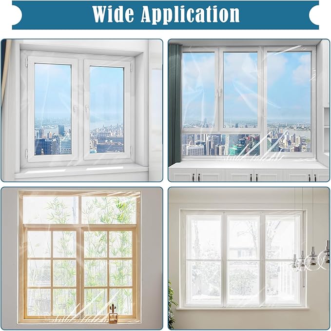 Window Insulation Kit, 63 × 394 Inch Plastic Window Coverings for Winter, Thicken Window Shrink Film Insulator Kit Windows Waterproof Winterizing with 5 Double-Sided Tape for 10 Pcs 3 x 5 Ft Windows