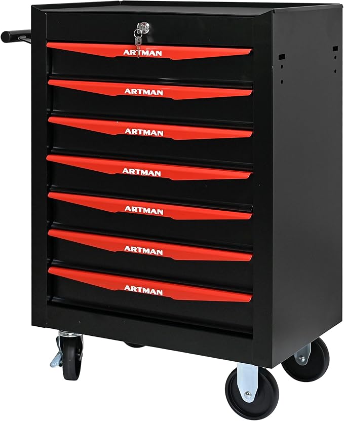 7 Drawers Rolling Tool Box on Wheels, Multifunctional Tool Chest Cabinet with Lock, Drawers Rolling Tool Cart Trolley Organizer Tool Storage Case for Warehouse,Garage,Workshop (Black&Red)