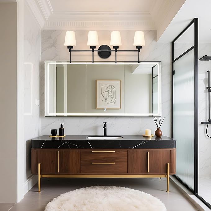 New Bathroom Vanity Light Fixtures 3 Lights Brushed Brass Glass Shade Modern Wall Bar Sconce Over Mirror (Brushed Black, 4T)