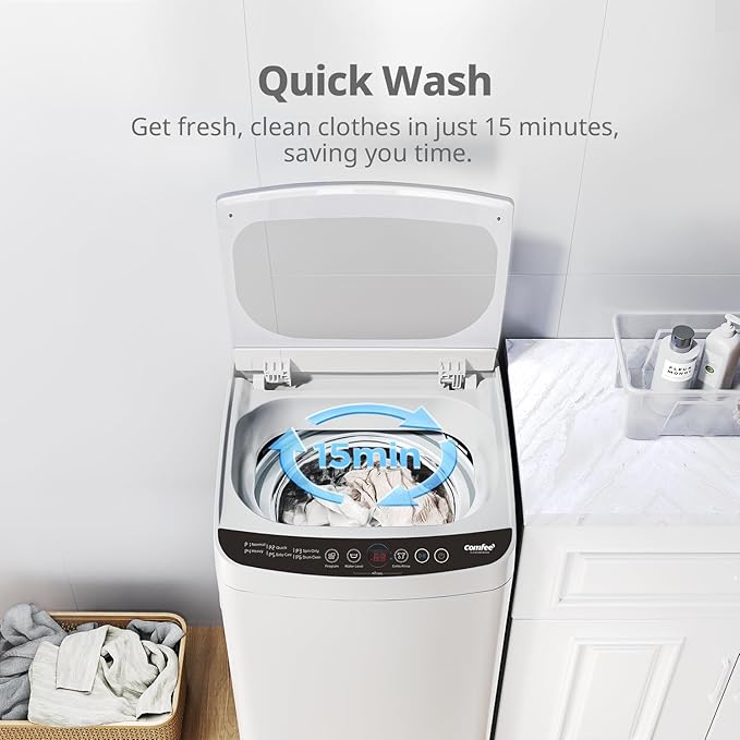 COMFEE' Portable Washing Machine, 0.9 cu.ft Compact Washer With LED Display, 5 Wash Cycles, 2 Built-in Rollers, Space Saving Full-Automatic Washer
