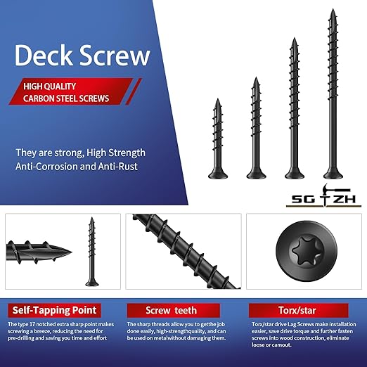 #8 x 1-1/4" Deck Screws (1197Pcs) 6lb. Exterior Wood Screws. Carbon Steel, Black, Flat Head, Rust Resistant epoxy Coated, with T25 Star Bit