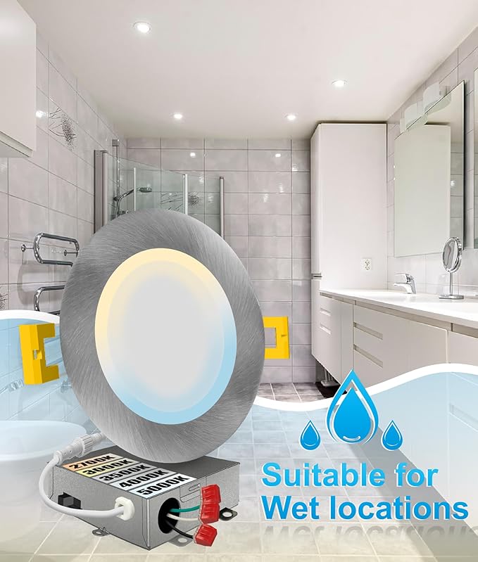 NUWATT 6 Pack 6 Inch Ultra-Thin Nickel LED Recessed Lighting, 5CCT 2700K/3000K/3500K/4000K/5000K Selectable, High Brightness 1050 Lumens, Dimmable Canless Slim Wafer Light, IC Rated, Metal J-Box, ETL