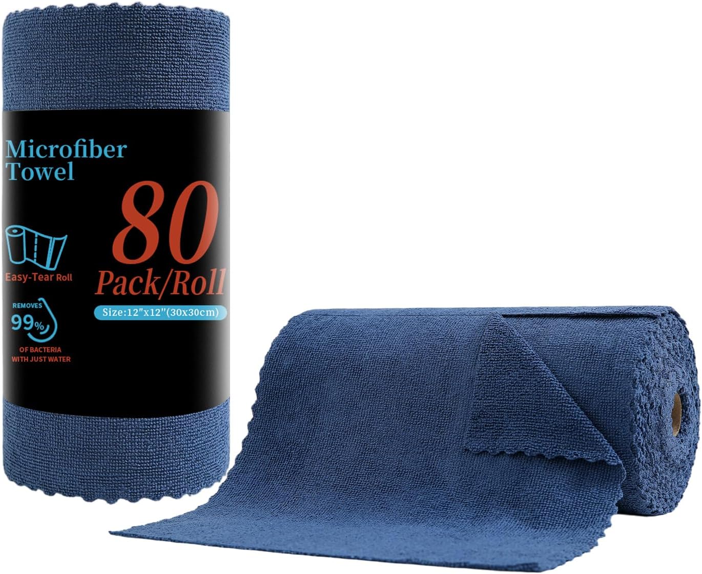 80 Pack Microfiber Cleaning Cloth Roll,Lint Free Rags & Tear Away Reusable Towels Washable Scratch,Ultra Absorbent Dish Rags(12" x 12") for Car Kitchen Home Garage-Navy Blue