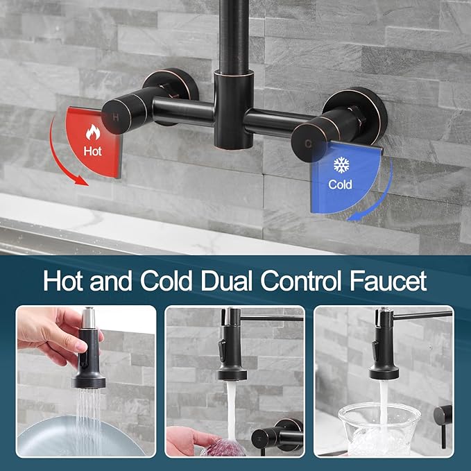 AIMADI Oil Rubbed Bronze Kitchen Faucet Wall Mount 8 Inch Center,Commercial Spring Kitchen Sink Faucet with Pull Down Sprayer,Dual Handle Farmhouse Contemporary