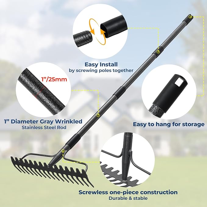 49" Rake - 17" Extra Wide Garden Tool with Double-Sided Head, Heavy Duty Lightweight Stainless Steel Construction for Mulching & Debris Removal, Leveling Lawn, Loosening Soil, Leaf Cleanup, Soil Prep