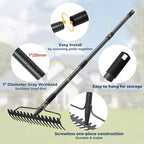 49" Rake - 17" Extra Wide Garden Tool with Double-Sided Head, Heavy Duty Lightweight Stainless Steel Construction for Mulching & Debris Removal, Leveling Lawn, Loosening Soil, Leaf Cleanup, Soil Prep